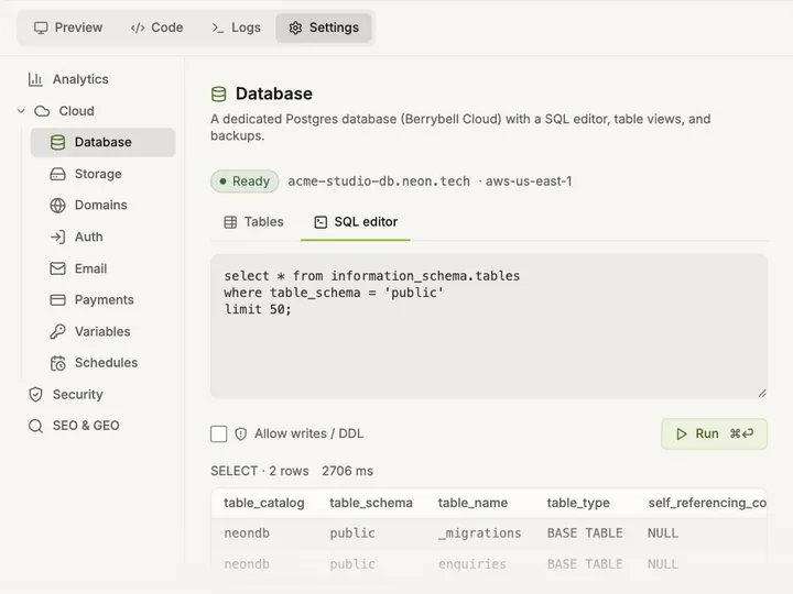 Database settings with a SQL editor, a read-only query and its results table