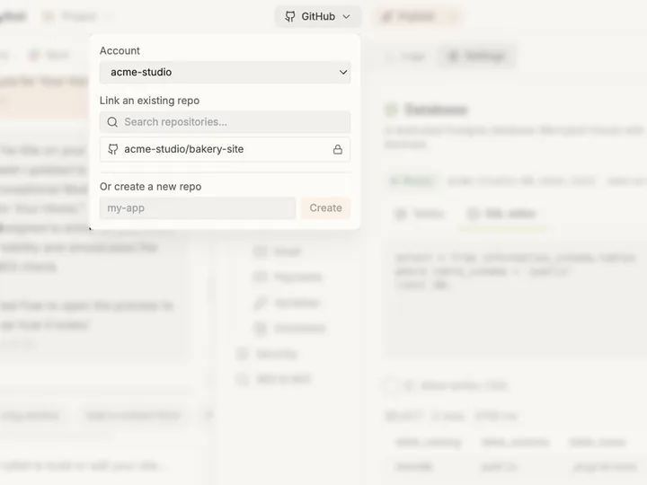 GitHub menu for choosing an account, linking an existing repository or creating a new one
