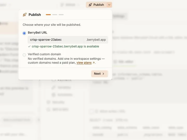 Publish menu offering a free berrybell.app address or a verified custom domain