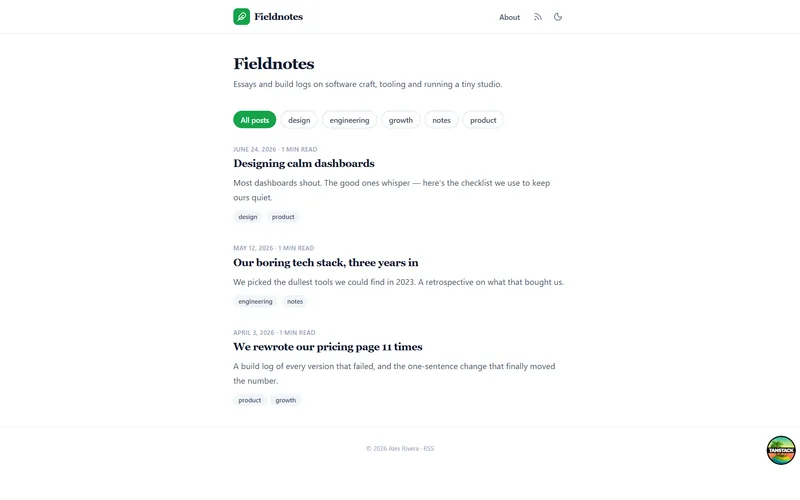 Blog template with article previews and navigation