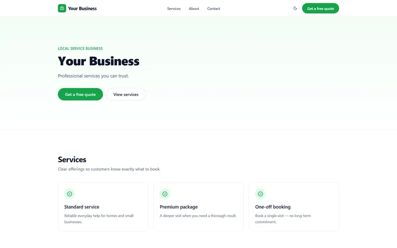 Service business website template with a services overview and request-a-quote button
